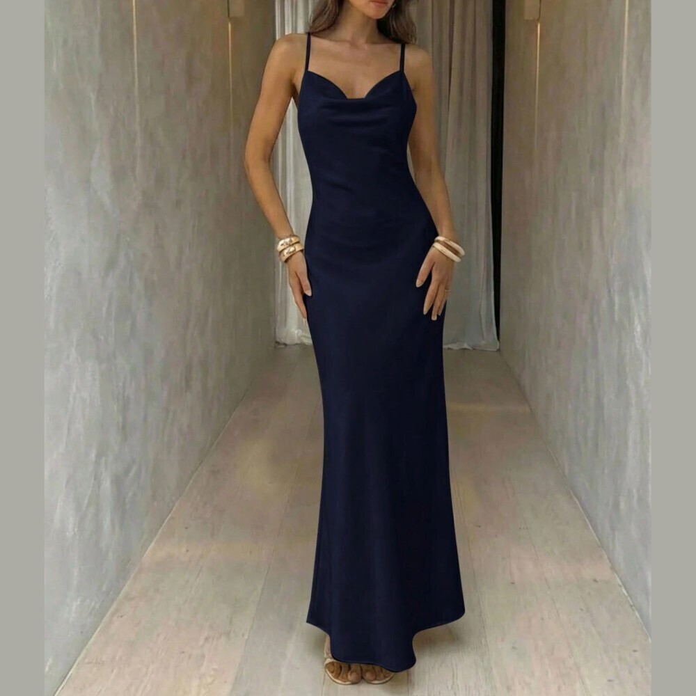 Navy Blue Satin Cowl Neck Spaghetti Strap Maxi Dress
